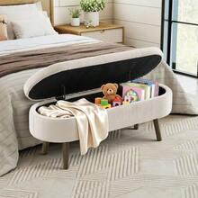 Multifunctional Storage Bench, Soft Chenille Fabric, Wooden Legs, Solid Wood Frame, 20L Storage Space, 110x40x42cm, For Bedroom, Living Room, Shoe Bench, Hallway - 米色 - 查看 3