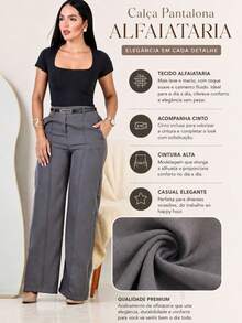Kit 2 Calça Pantalona Alfaiataria Social Feminina Elegante C/ Cinto - Preto / Cinza - Visão 3