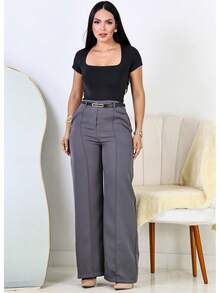 Kit 2 Calça Pantalona Alfaiataria Social Feminina Elegante C/ Cinto - Preto / Cinza - Visão 9