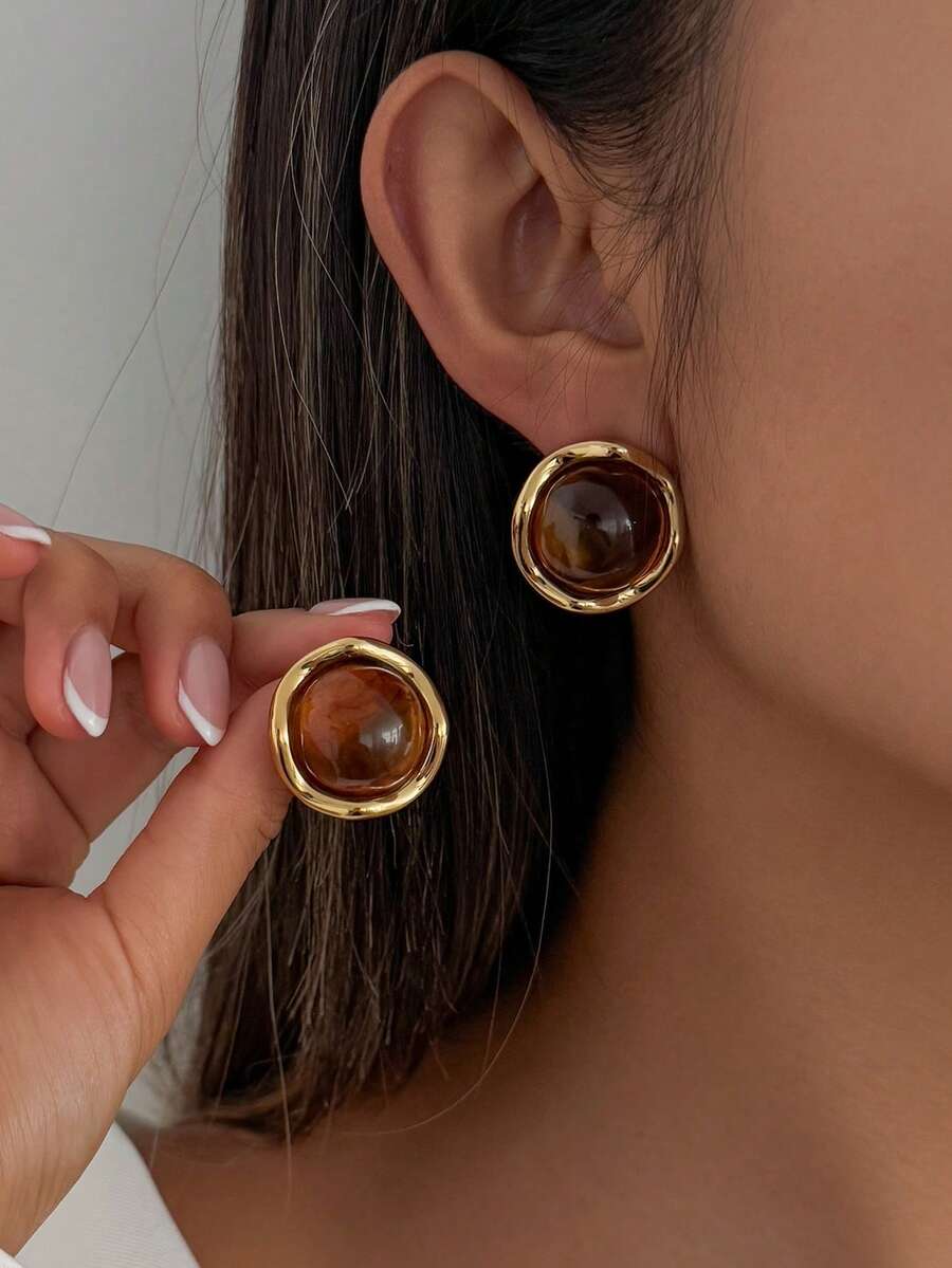 1 Pair Vintage Elegant Fashion Resin Gemstone Earrings, 18K Gold Stainless Steel Ear Studs, Suitable For Women's Daily Wear Or Party - Brown - View 1