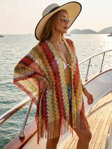 2026 New Women's Bohemian Vintage Zigzag Pattern Cover-Up, Tassel Hem Front Opening Beach Cover-Up, Crochet Colorful Tassels Red Vacation Summer - Red - View 3