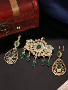 1 Set Arabic Style Women's Brooch & Earrings Jewelry Set With Rhinestones And Water Drop Pendant, Bridal Wedding Wear Jewelry Set - Multicolor - View 3