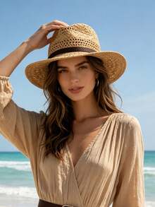 1pc Women's Straw Hat, Casual Polyester Fiber Straw Hat, Suitable For Daily Outdoor Use - Multicolor - View 3