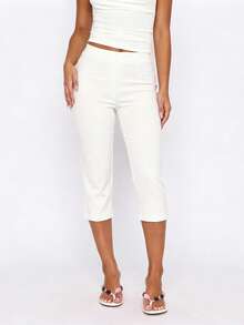 Womens Capri Pants Elegant Solid Color Slim Fit Bell Bottom Leggings - Beige - View 8