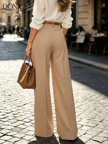 DONICY Celana Panjang Wanita Khaki Garis-Garis Halus Pinggang Tinggi Kaki Lebar, Cocok untuk Pakaian Kantor dan Kasual di Musim Semi dan Gugur - Khaki - View 2