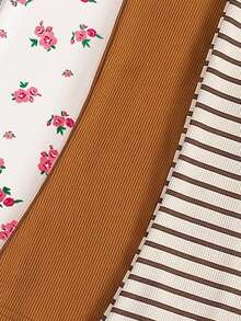 3pcs Baby Girl Autumn All-Match Set, Coffee & Apricot Striped & Floral Flared Pants, 3-Piece Set, Elastic Waist Design, Comfortable Fit, Minimalist Solid Color Style, Practical & Versatile, Baby Flared Pants, Fashionable Daily Wear, Infant Outdoor & Vacation Outfit - Multicolor - View 6