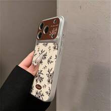 1PC Brown & White Floral Pattern Large Window Lychee Texture TPU Phone Case, Compatible With Apple 17 16 15 14 13 12 11 Plus Pro Max Series, Personalized Ins Style Protective Cover, Fashion - Multicolor - View 4