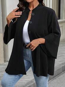 女款黑色聚酯纖維長袖喇叭袖正長度外套，船領設計附口袋，寬鬆版型秋冬外套 - 黑色 - 查看 3