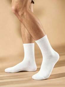 5/10 Pairs Men's White Solid Color Mid-Calf Socks, Soft, Versatile, Breathable, Moisture-Wicking, Suitable For Daily Wear, Sports, All Seasons - White - View 8