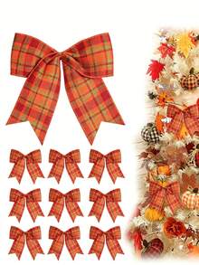 12/6/1pc Orange Plaid Bows, Bow Decor, Autumn Halloween Tree Ornaments, Fall Decorations, Suitable For Front Door, Tree House, Thanksgiving Party, Wall Hanging Wreath, Gift Wrapping, Halloween Home Decor, Orange - Multicolor - View 1