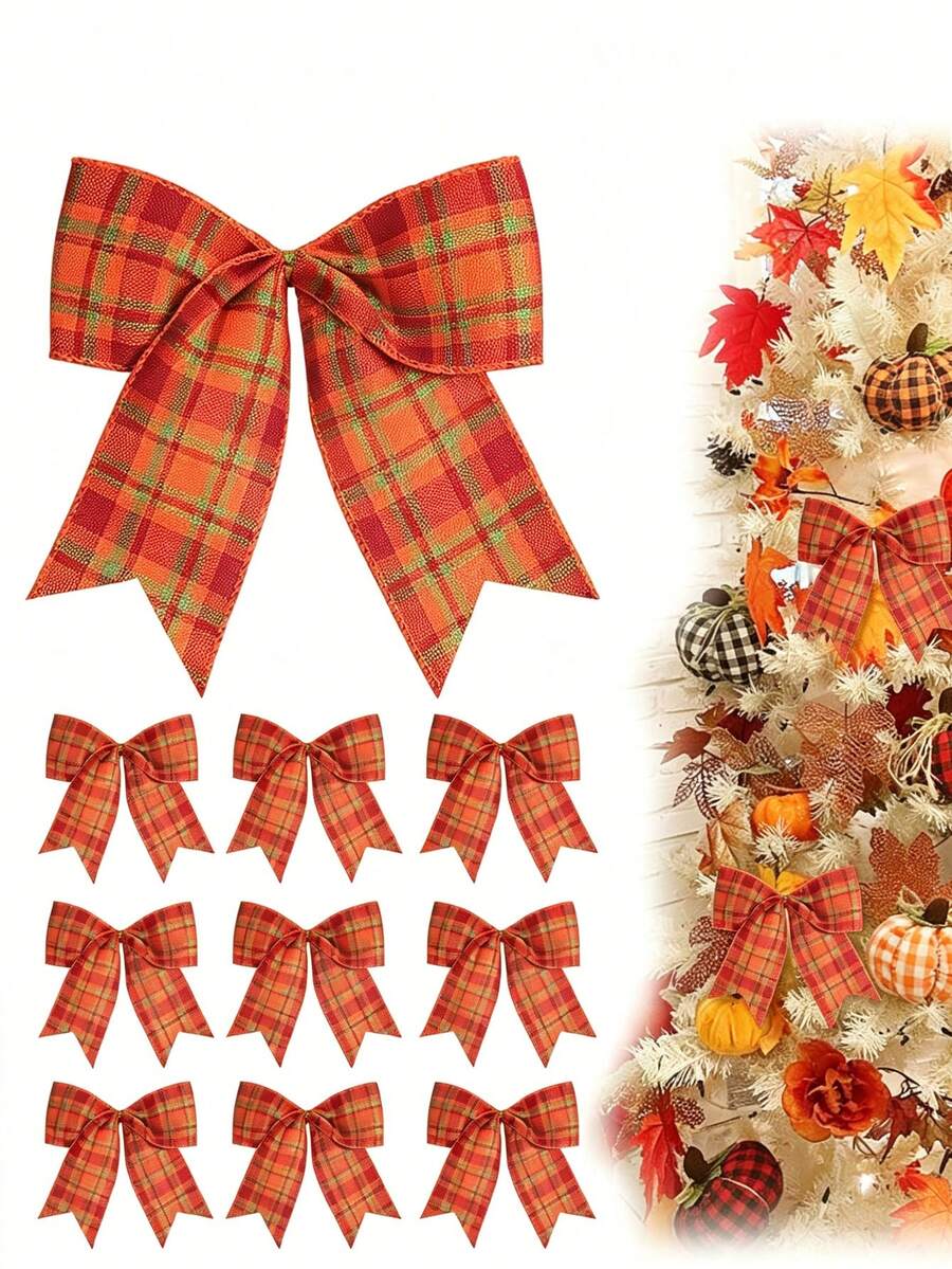 12/6/1pc Orange Plaid Bows, Bow Decor, Autumn Halloween Tree Ornaments, Fall Decorations, Suitable For Front Door, Tree House, Thanksgiving Party, Wall Hanging Wreath, Gift Wrapping, Halloween Home Decor, Orange - Multicolor - View 1