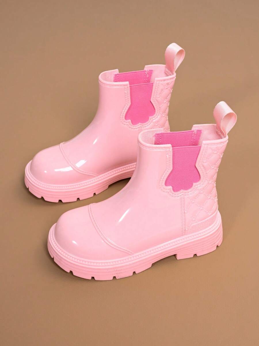 Girls' Princess Style Chelsea Rain Boots, Elastic Band Short Shaft Non-Slip Thick Sole Waterproof Water Shoes - Baby Pink - View 1