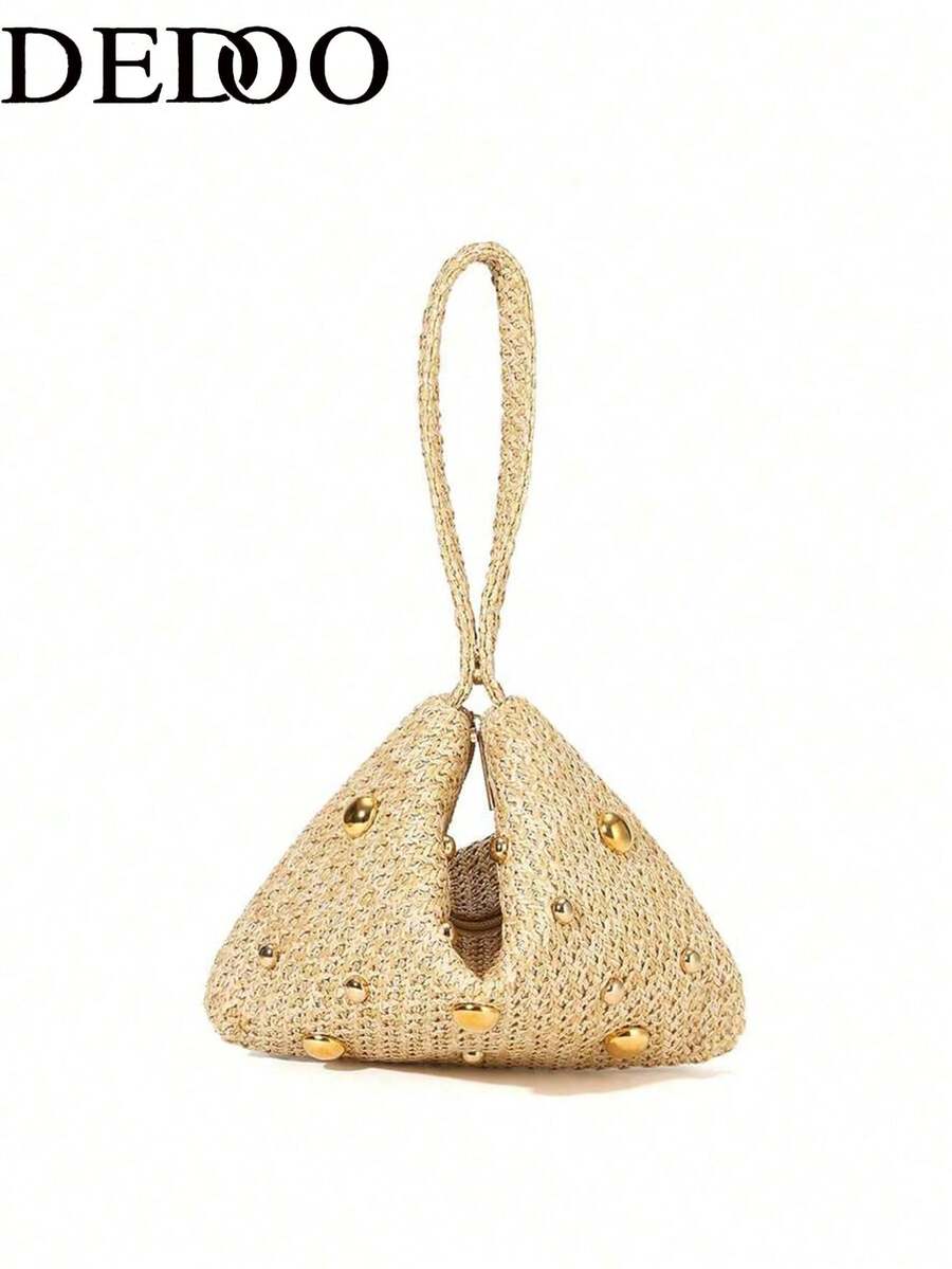 Dedoo Embrague triangular elegante y minimalista de paja con cierre magnético y cristales, adecuado para fiestas, bodas, bailes de graduación y reuniones en la playa - Beis - Ver 1