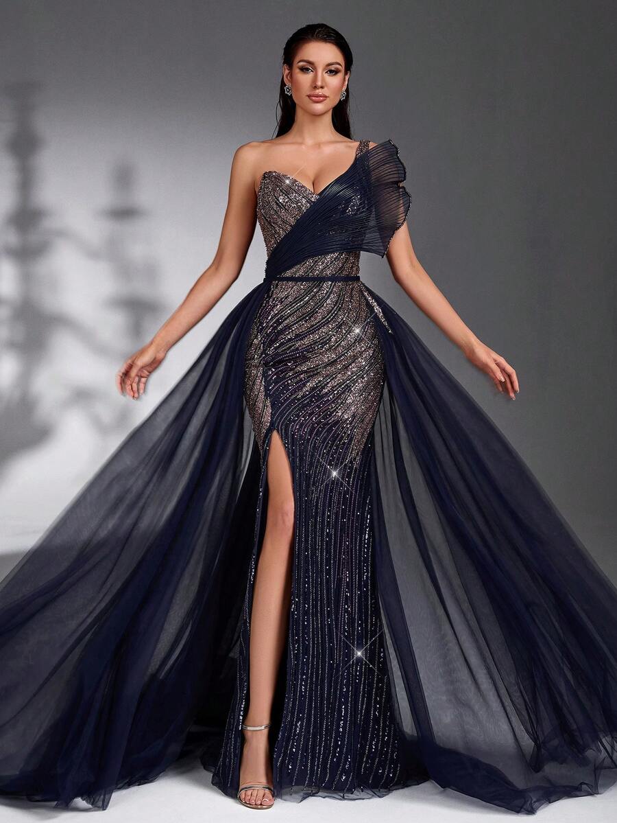 IBTRLY Elegant One-Shoulder Contrast Color Sequin Beaded Patchwork Mesh Train Formal Evening Gown For Banquet, Party, Ball (Heavy Workmanship) Wedding Fall