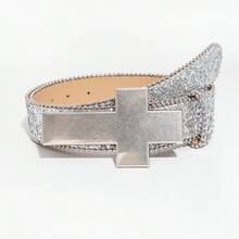 1 pieza Cinturón de hombre estilo punk rock Y2K de mezclilla plateada con tachuelas de estrella y pedrería incrustada, accesorio versátil para jeans, adecuado para uso diario - Plata - Cruz - Ver 8