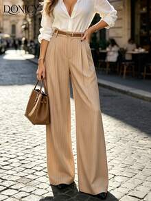 DONICY Celana Panjang Wanita Khaki Garis-Garis Halus Pinggang Tinggi Kaki Lebar, Cocok untuk Pakaian Kantor dan Kasual di Musim Semi dan Gugur - Khaki - View 4