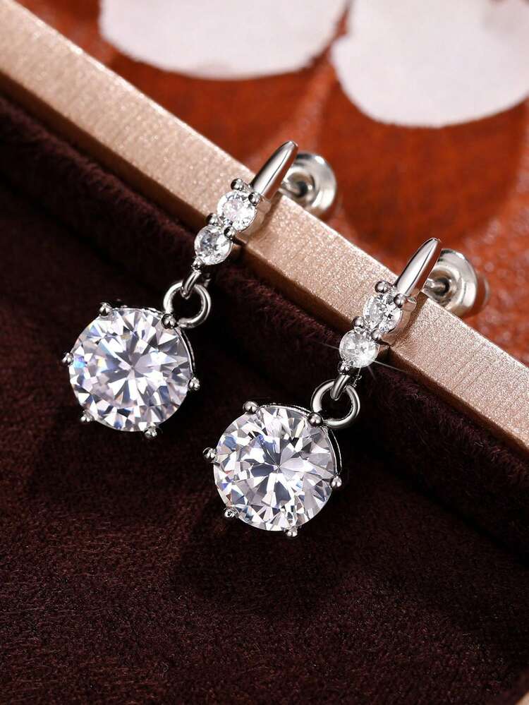 1pc Children's Elegant Cubic Zirconia Pendant Earrings, Suitable For Daily Wear, Party, Birthday Gift - Silver - View 4