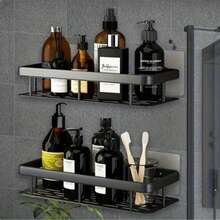 1-Tier/2-Tier Black Bathroom Storage Rack, No-Drill Shower Caddy Storage Shelf, Large Capacity Wall-Mounted Organizer Set, No Drilling Required, Bathroom Accessories, Kitchen Accessories - Multicolor - View 5
