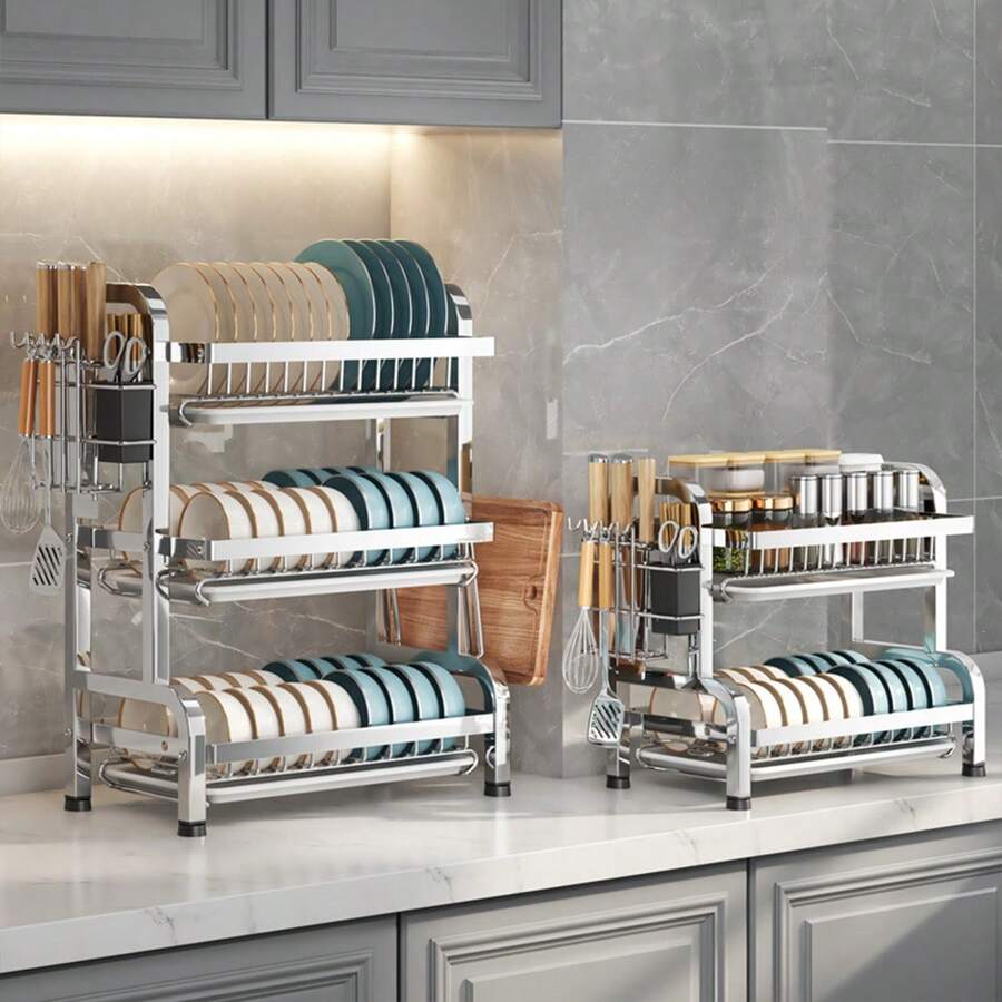 Escurridor de platos de acero inoxidable - Escurridor de platos de cocina de 2 niveles con bandeja de drenaje, soporte para tabla de cortar, soporte para utensilios - Escurridor de platos multifuncional a prueba de óxido adecuado para la encimera de la cocina del hogar - Ahorra espacio, fácil de limpiar y accesorio de cocina duradero - Plateado - Ver 1
