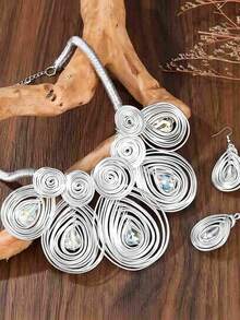 2Pcs Handmade Boho Crystal Jewelry Set, Silver Wire Wrapped Teardrop Necklace & Drop Earrings For Women, Daily Holiday Accessory - Silver - View 4