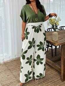 Weeklong Straight Leg Trousers With Slim Waist, Solid Color Floral Print, Suitable For Daily Wear And Holidays, Plus Size For Women With V-Neck - 綠色的 - 查看 1
