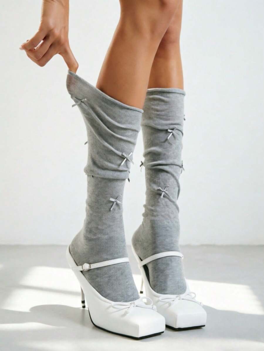 1/2 Paar graue Ballettsocken in Mittellänge, Schleifen-Slouch-Socken, weiße Kniestrümpfe mit umgeschlagener Kante, Schulanfang-Wadensocken für Damen - Verschiedenfarbig - Übersicht 1