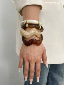 4/1pc Set Vintage Minimalist Casual Style Wavy Resin Bracelet And Acrylic Elastic Bracelet Set Suitable For Daily And Vacation Wear - Multicolor - View 4