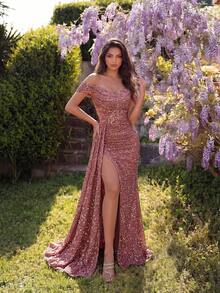 Off-The-Shoulder Ruched Split Thigh Sequin Cocktail Party Long Prom Dress With Long Ribbon For Date Night And Ball - Dusty Pink - View 5