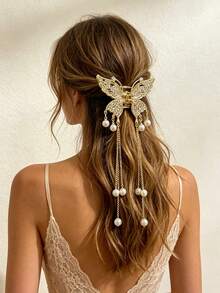 1pc Gold Hollow Butterfly Tassel Metal Hair Claw Clip, Versatile Hair Clip For Brides, Banquets And Women - Multicolor - View 9