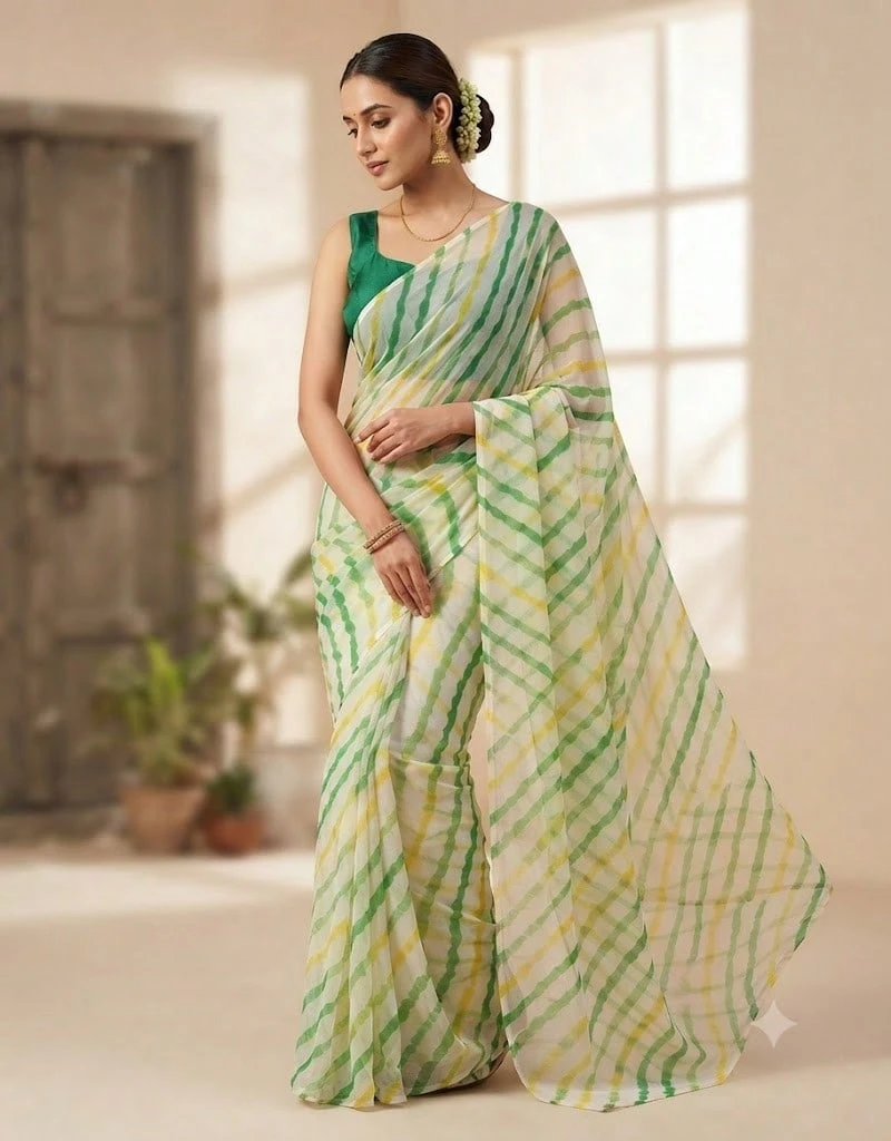 Estationeryhouse Chiffon Saree With Coloured Stripes With Unstitched Blouse - Green - View 1