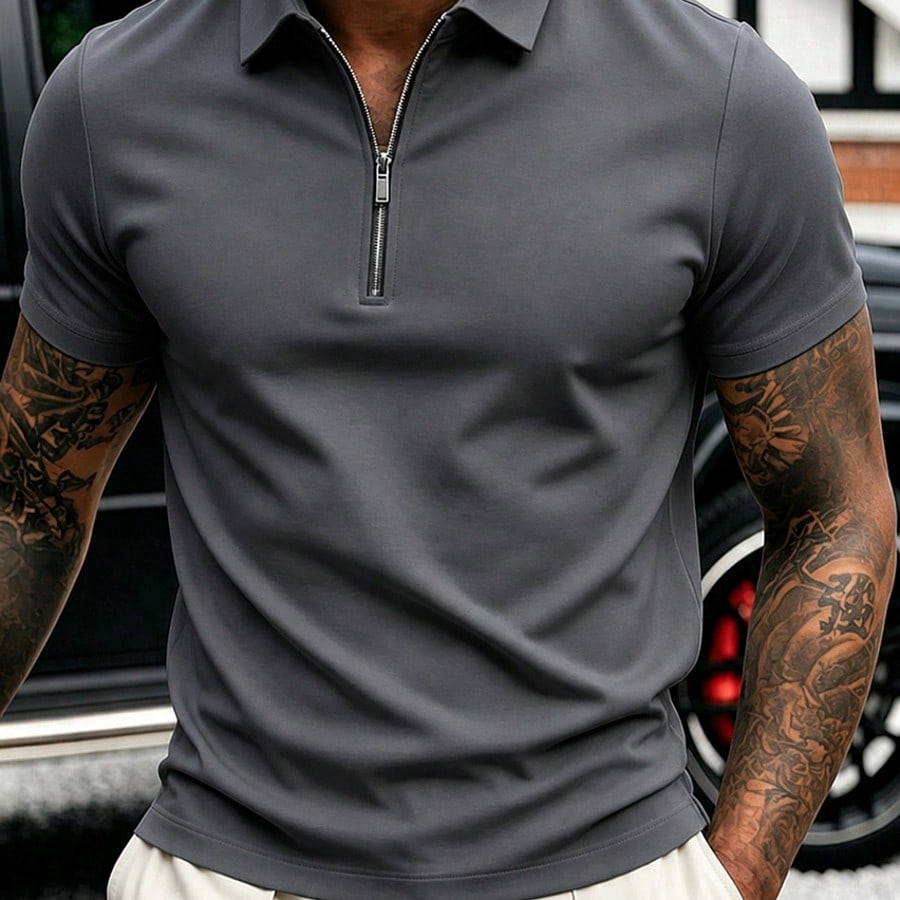 Men's Summer Half-Zip Polo Short Sleeve T-Shirt, Solid Color Classic Short Sleeve Suitable For Outdoor Casual Wear