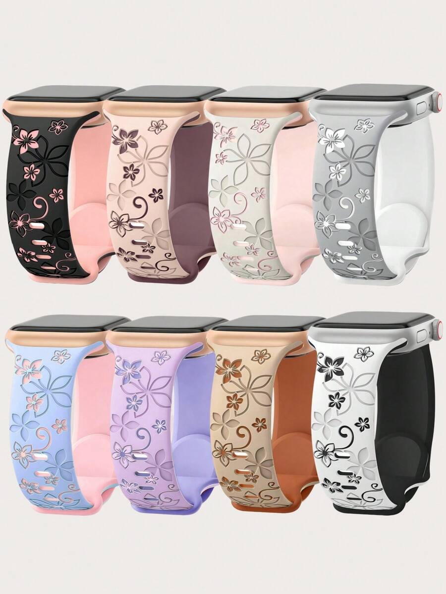 Two-Tone Floral Engraved Silicone Sports Watch Band For Apple Watch 41mm 40mm 44mm 45mm 42mm 46mm 38mm 49mm, Cute Boho Western Bauhinia Style For Women, Compatible With IWatch 11 10 9 8 7 6 5 4 3 2 1 Ultra