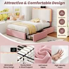 Flieks 3ft Single Upholstered Bed Frame With Adjustable LED Wavy Headboard, 2 Storage Drawers, Pink & Cream White - Pink - View 6