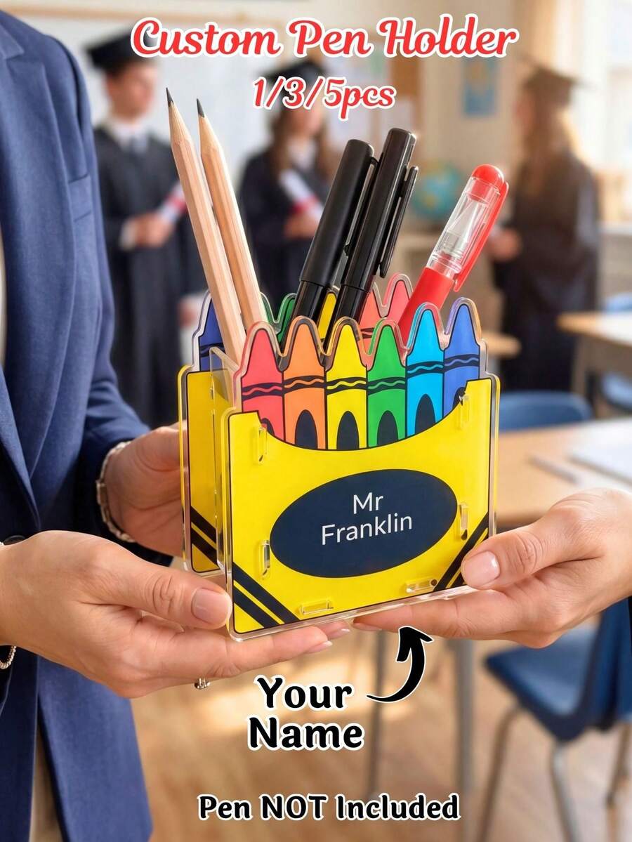 Tempat Pena Akrilik Berbentuk Krayon dengan Nama Kustom, Organizer Meja dengan Nama yang Dipersonalisasi, Cocok untuk Meja Siswa, Kuliah, Kembali ke Sekolah, Musim Wisuda dan Hari Pertama Sekolah, Pena Tidak Termasuk, 1pc/3pcs/5pcs (Opsional)