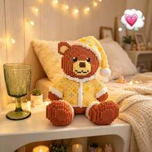 1500+Pcs Bear With Hat, 1000+Pcs Nine-Tailed Fox Micro Particle Animal Building Block Model Ornament, High Difficulty DIY Handmade 3D Mixed Color Puzzle, Unique DIY Romantic Souvenir, Ideal Gift Ornament For Lovers And Couples, Static Version, Without Light - 1500+ Yellow - View 3