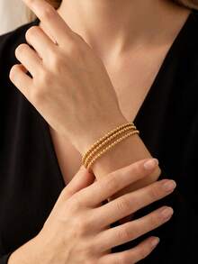 3 piezas de pulseras chapadas en oro de 18K con cuentas, diseño de cuentas redondas de 3mm de ancho, acero inoxidable 304 hipoalergénico que no se desvanece, brazaletes versátiles de estilo Ins para mujeres - gs3 - Ver 2