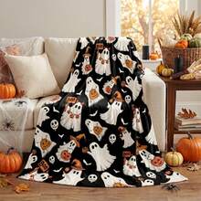 1 Stück Halloween schwarzer Hintergrund Hexenhut Geist Kürbis BOO Slogan Fledermaus Totenkopf Digitaldruck Flanelldecke - moderner Stil, Cartoon-Thema, ganzjährig bequem weiches Polyester-Strickgewebe, multifunktional, geeignet für Sofa, Bett, Reisen, Camping, Stuhl, Geschenkdecke - Schwarz - Übersicht 4