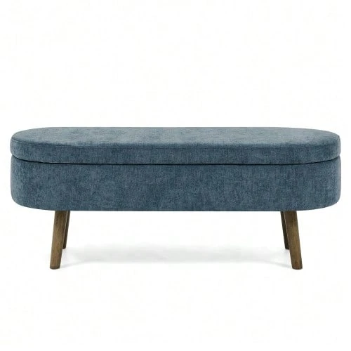 Multifunctional Storage Bench, Soft Chenille Fabric, Wooden Legs, Solid Wood Frame, 20L Storage Space, 110x40x42cm, For Bedroom, Living Room, Shoe Bench, Hallway - 藍色 - 查看 1