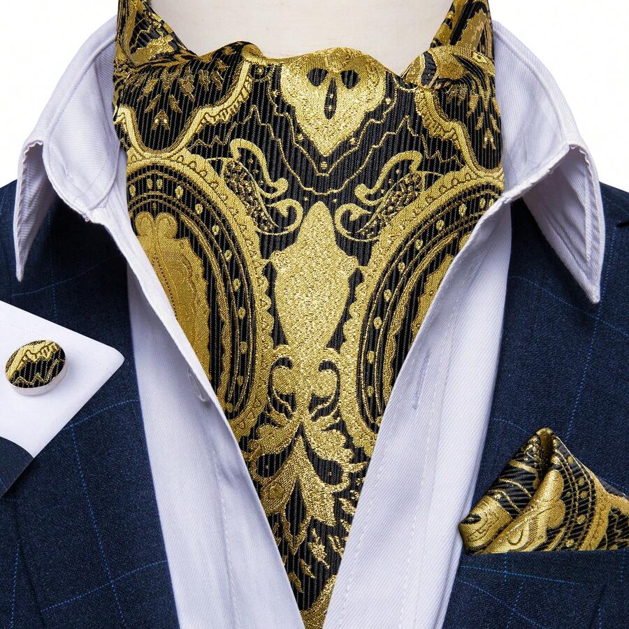 Black Base Large Gold Vintage Paisley Ascot Cravat 3 In 1 Accessory Pack,Mens Luxury Gala Stylish Complete Suit Kit - Yellow - View 1
