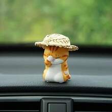 Cute Straw Hat Fashion Glasses Cat Car Dashboard Ornament Interior Decor Accessory Gift For Girls - Cat Figurine - View 6