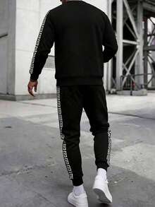 Men's Autumn Outdoor Sports Pullover Sweatshirt & Jogger Pants Set, Fashionable Minimalist Casual Daily Commute Outfit - Black - View 5