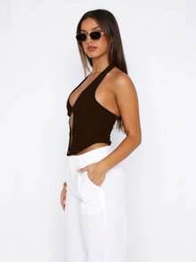 Tank Top Wanita Model Camisole Warna Solid Seksi dengan Cincin Bulat Berongga, Model Kasual Musim Semi/Panas Terbaru, Warna Cokelat - Coklat - View 4