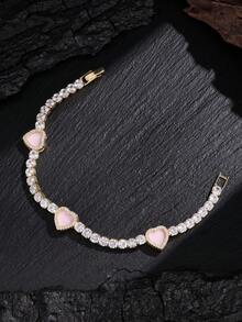 1/3Pcs Fashion 16K Gold Plated Heart Open Bangle Bracelet With Copper Inlaid Artificial Zirconia Pink Heart Bracelet Chain Set, Women's Personalized Jewelry Combination, Suitable For Women's Daily Wear, Music Festival Party Gift - Gold - View 3