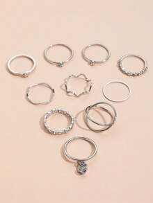 Set de 10 anillos finos plateados minimalistas estilo Ins, anillos apilables con corazón hueco, onda, estrella y strass, anillos de dedo índice elegantes y sencillos para mujer - Plateado - Ver 2