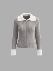 Sweater Wanita Kasual Sehari-hari, Esensial untuk Perjalanan Harian, Minimalis, Kombinasi Warna, Leher V, Lengan Panjang, Resleting Ganda, Potongan Ramping, Serbaguna, Musim Gugur/Dingin - MultiWarna - View 3