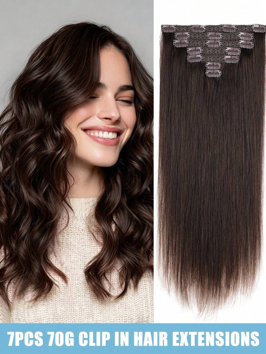 JIAMEISI Clip In Hair Extensions Real Human Hair, Remy Human Hair Extensions Double Weft With Lace 70g 7pcs, Natural Straight Clip Ins For Women,#2 Dark Brown - S2 - View 1