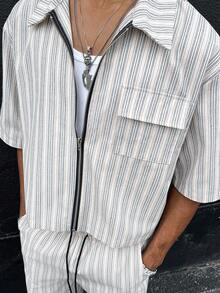 HOMIIE Men's Cropped Striped 2 Pieces Outfit, Cotton Blend Full Zip Shirt & Wide Leg Drawstring Pants, Streetwear For Spring Autumn,Halloween Christmas - Multicolor - View 8