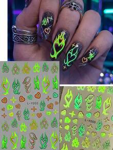 4 Peças Adesivos de Arte de Unhas Estilo Neon Y2K, com Padrões Vibrantes de Chama, Raio e Frutas Tropicais, Suprimentos Profissionais para Artista de Unhas, Adequado para Festivais de Música, Festas de Praia de Verão e Looks de Unhas da Moda Diária - Multicolorido - Visão 7