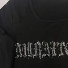 Kaos Wanita Lengan Panjang Hitam Pas Badan dengan Desain Rhinestone Mewah, Atasan Dalaman Pelangsing, Atasan Minimalis Modis untuk Musim Gugur - Hitam - View 8