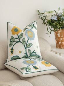 1pc Modern Pastoral Country Style Embroidered Pink Tulip Floral Soft Washable Machine Washable Decorative Pillow Case Suitable For Sofa Bedroom Living Room Home Decor - Retro Blue and Yellow Flowers - View 6
